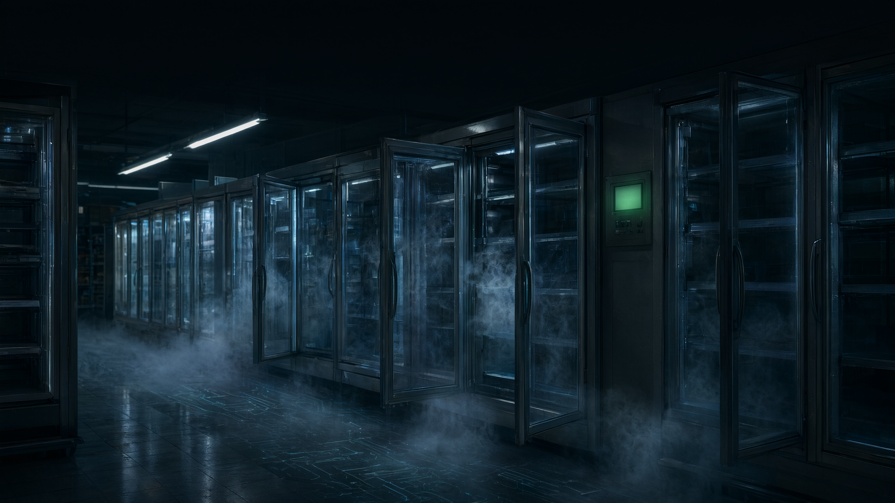 This is a tone-setting editorial lead image for an article about systemic vulnerability in refrigeration control systems, not a quantitative claim — it needs conceptual…