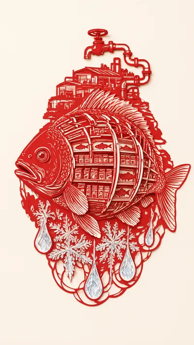 Chinese paper-cut silhouette of an enormous fish whose rib c…