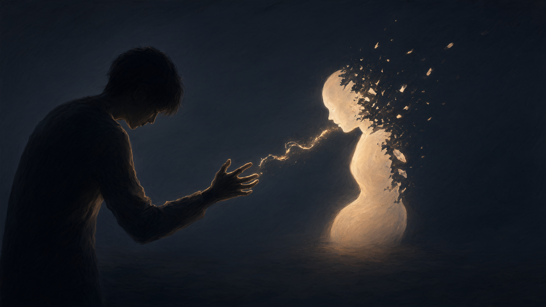 This is a conceptual, editorial lead image about the emotional weight of an abrupt AI companion shutdown — no numeric data is given or needed, so an illustration conveying tone…