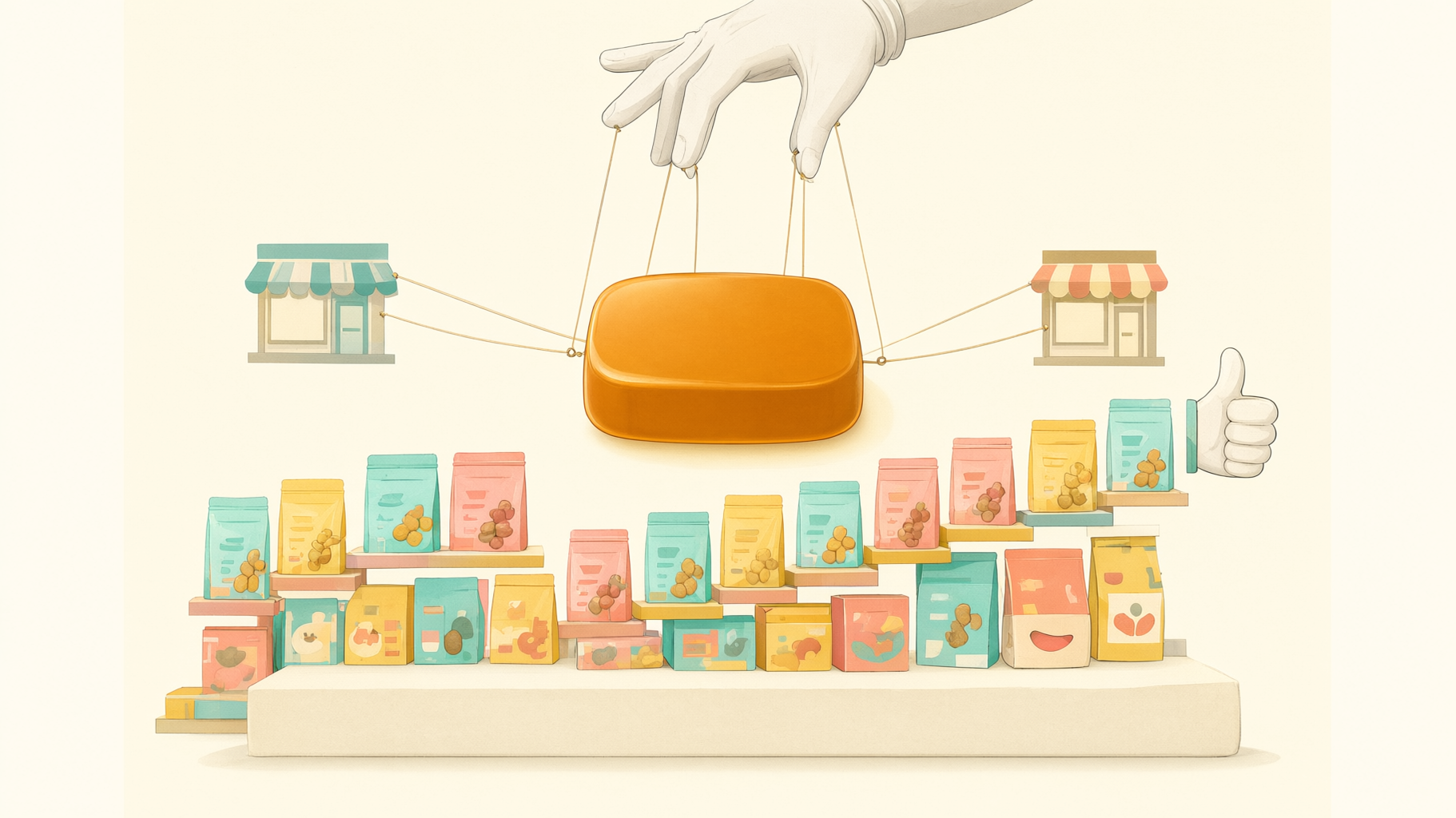 The brief asks for a decorative, conceptual lead image with no data and no embedded text, so an editorial illustration is the right tool. The central metaphor is the Buy button as…