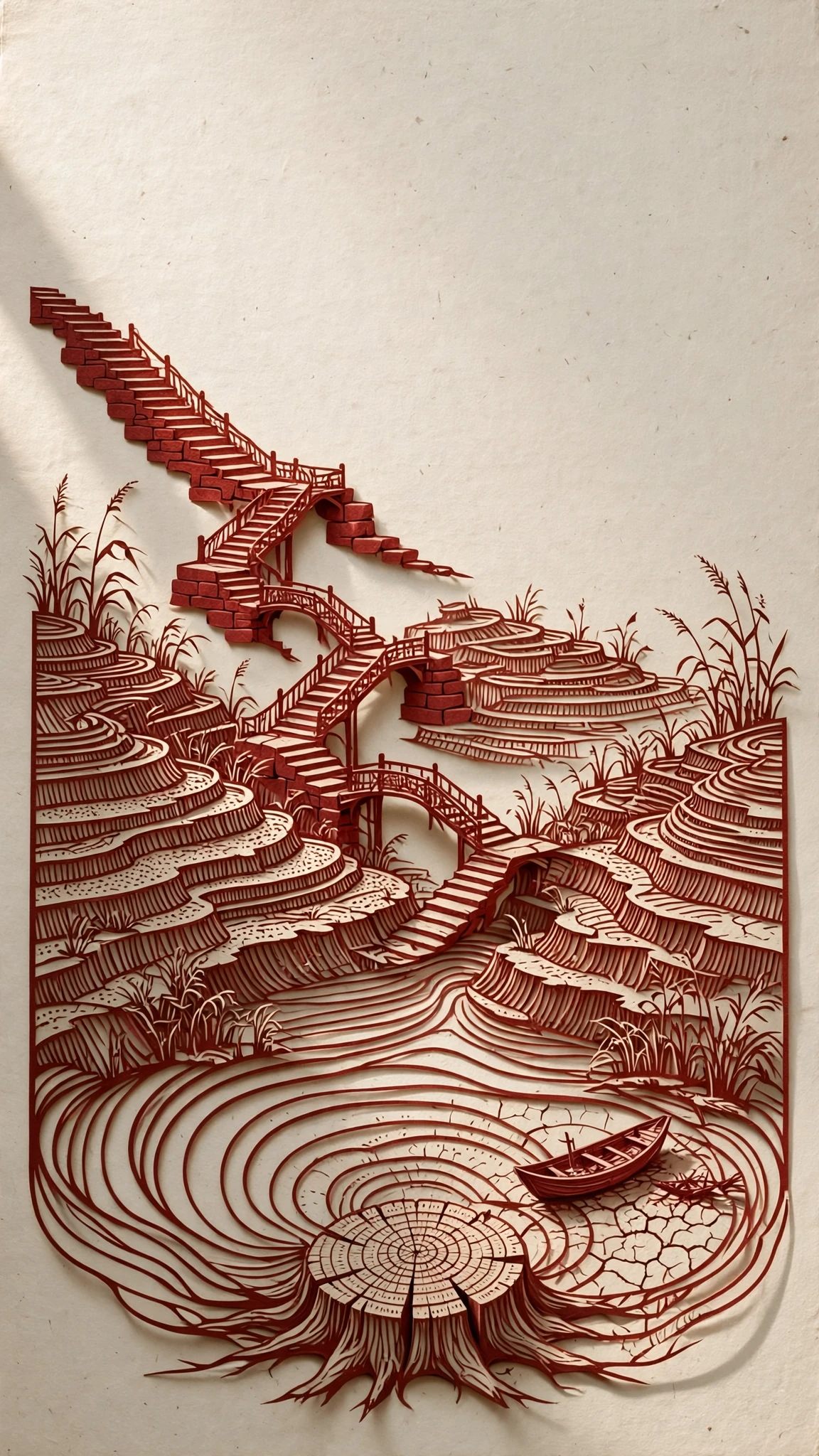Chinese paper-cut silhouette depicting a reservoir's abandon…