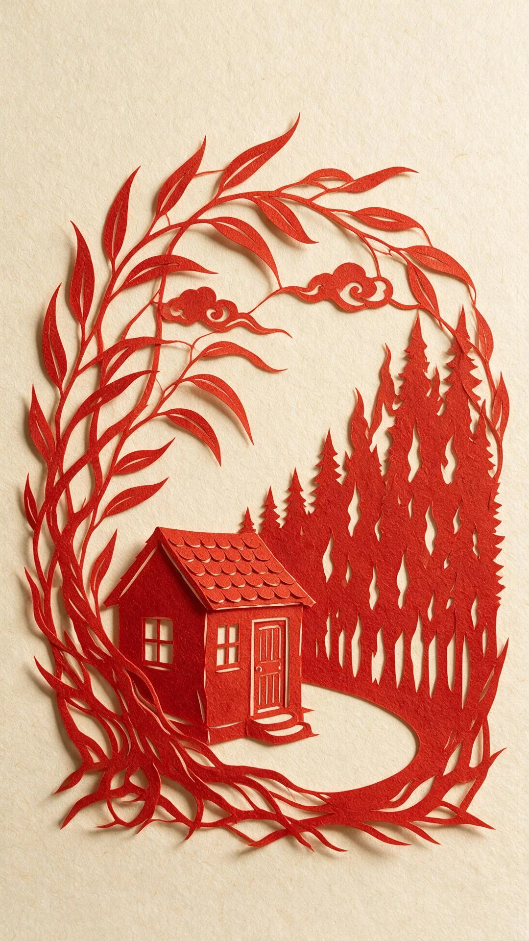 Chinese paper-cut silhouette depicting a small house enclose…