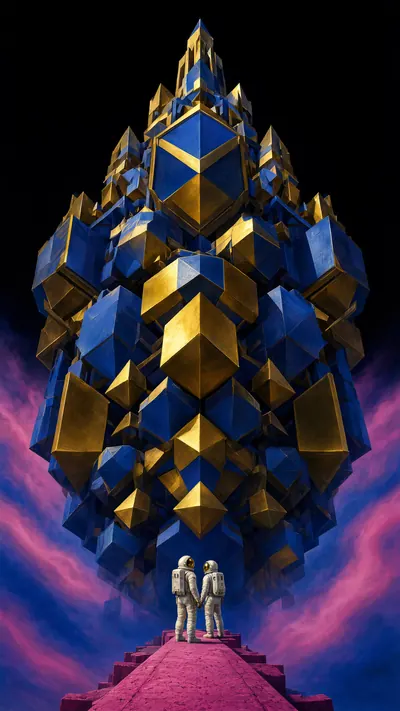 1970s sci-fi paperback cover painting of a colossal geometri…